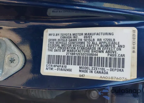 2002 Toyota Corolla Le из США, поврежденный, VIN 2T1BR12E52C558044